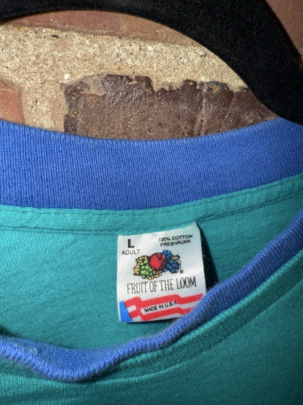 80s 90s Fruit of the Loom Ringer Tee Teal Blue Single Stitch L USA